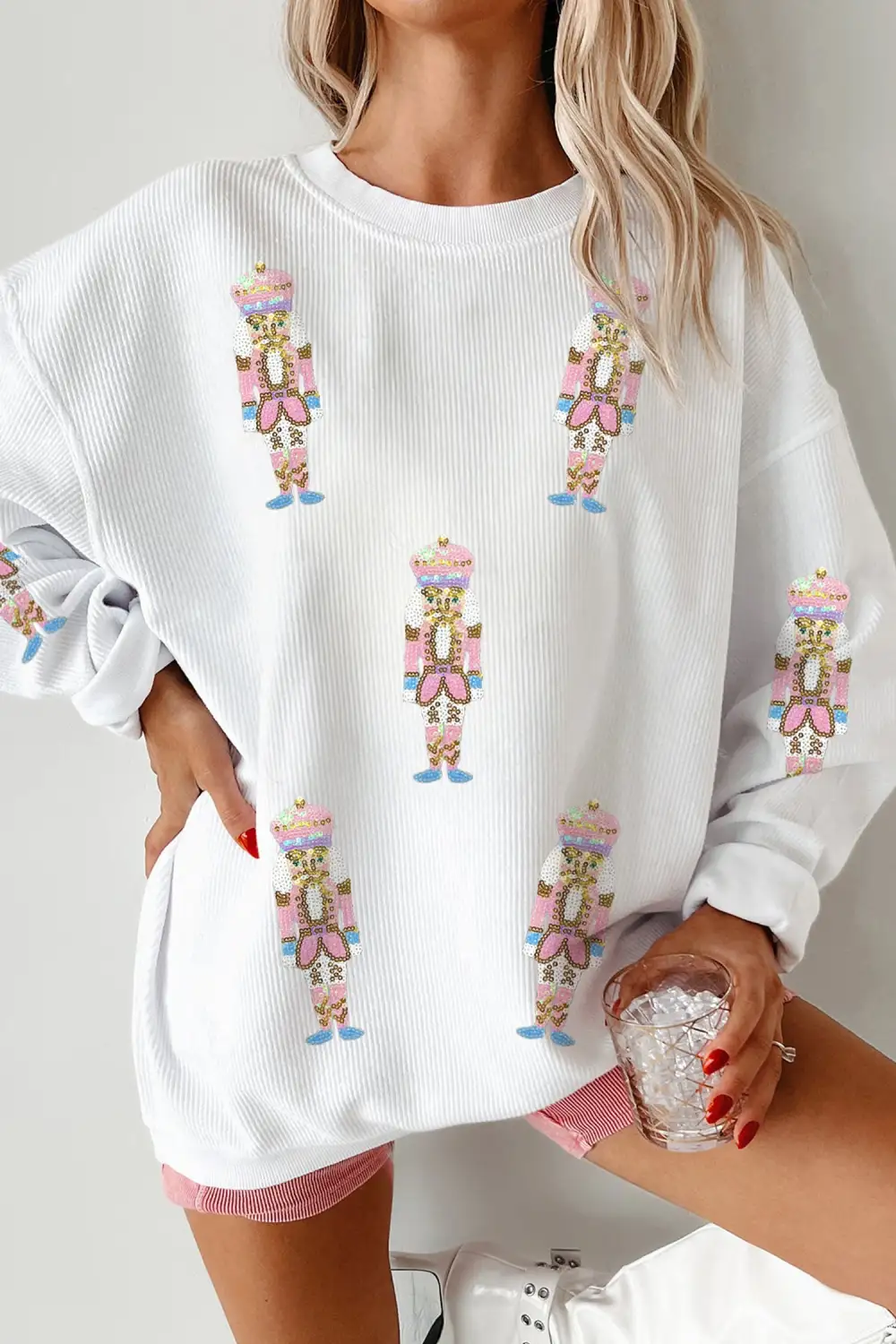 Sequin Accent Patchwork Corded Sweatshirt