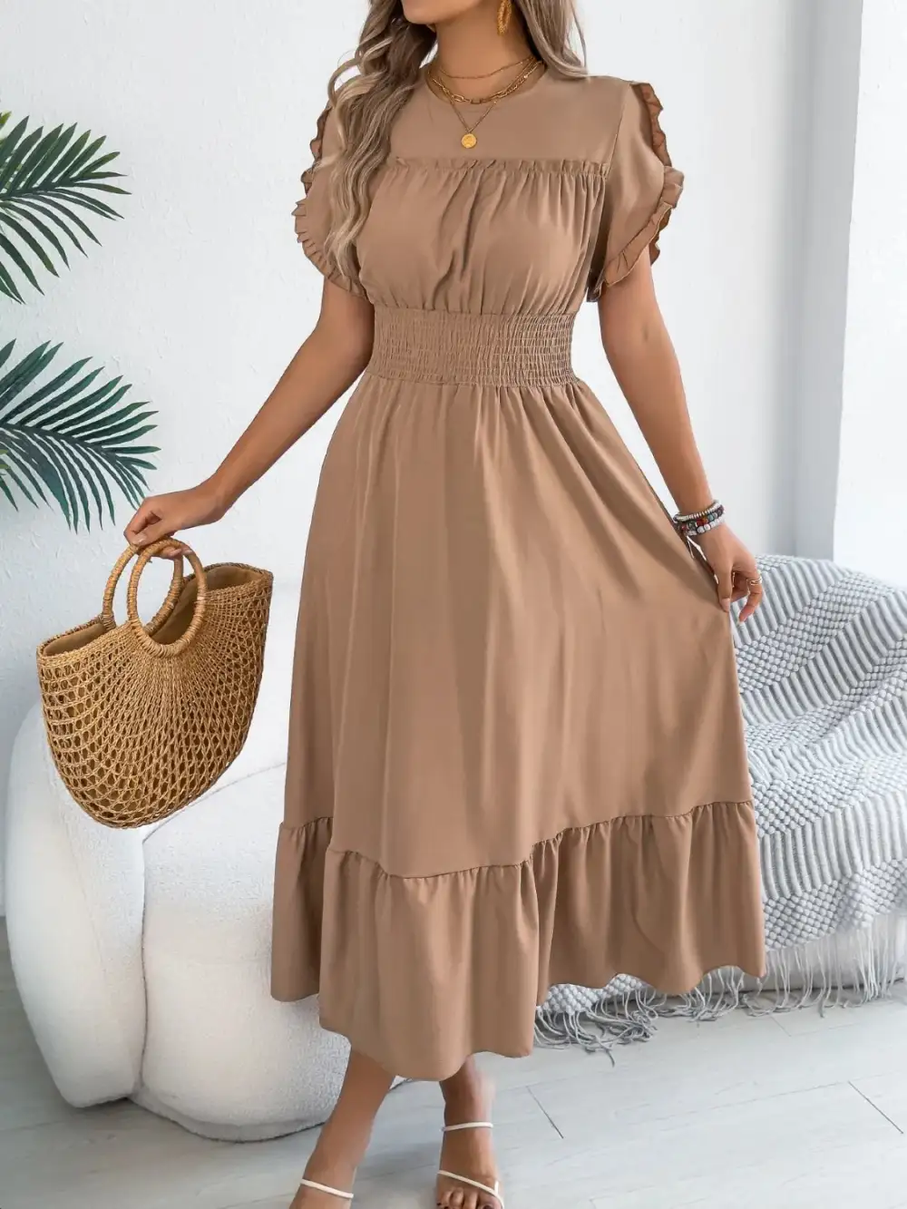 Crew Neck Ruffled Smocked Midi Dress