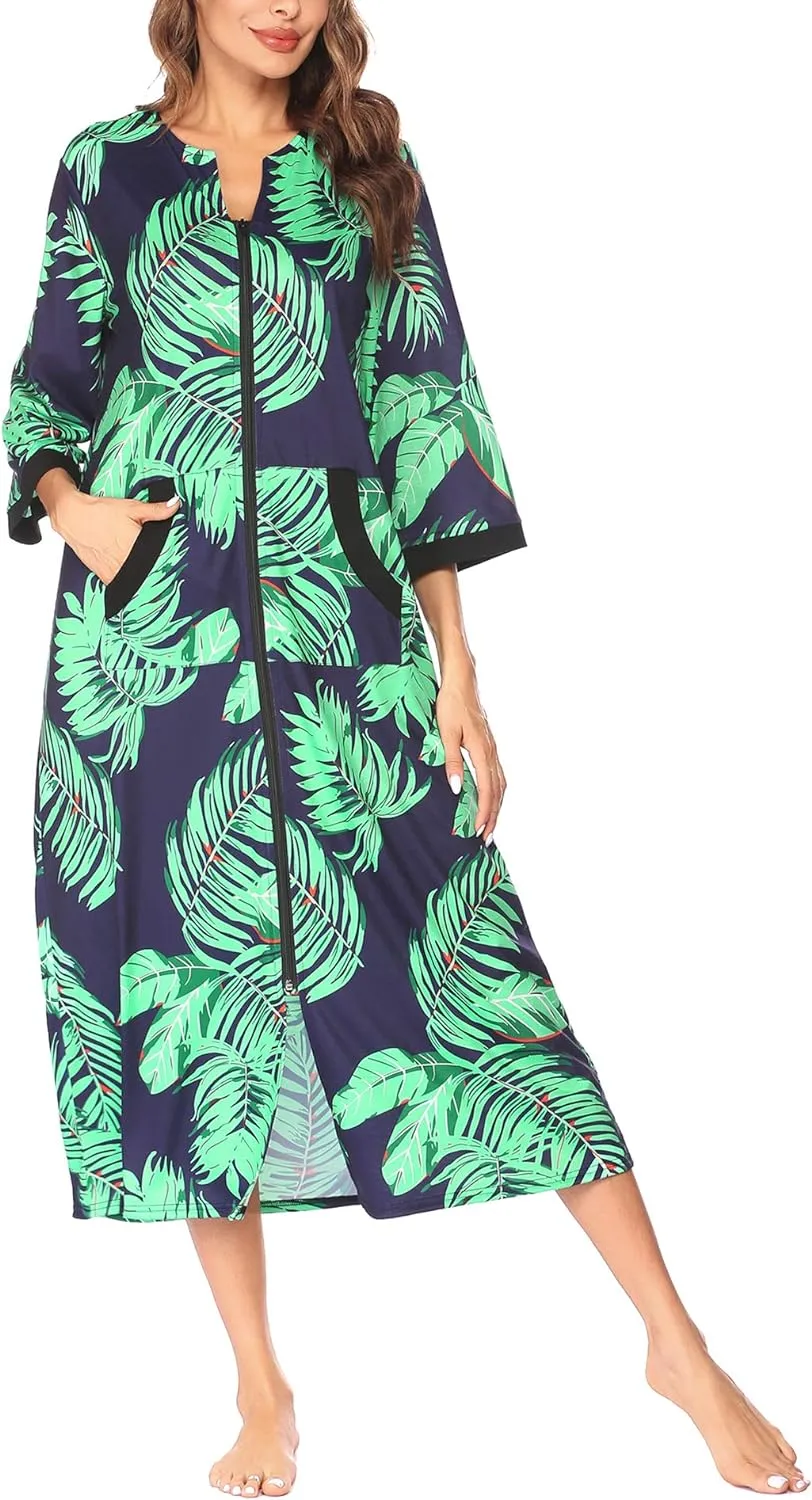 50% OFF Women Zipper Robe 3/4 Sleeves Loungewear Dress Full Length Sleepwear Pockets Housecoat Nightgown Long Bathrobe