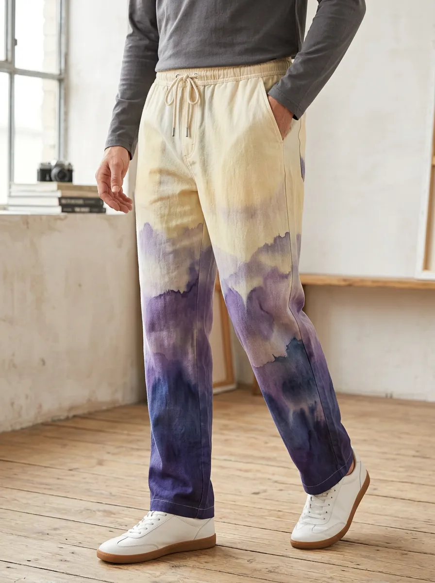 Men's Artistic Landscape Watercolor Printed Pants