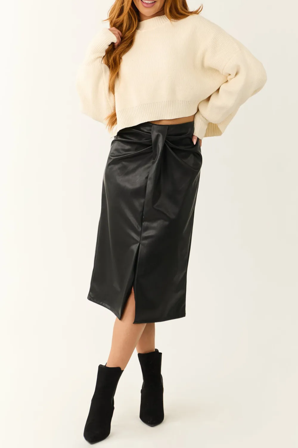 Black Faux Leather Pleating Detail Midi Skirt