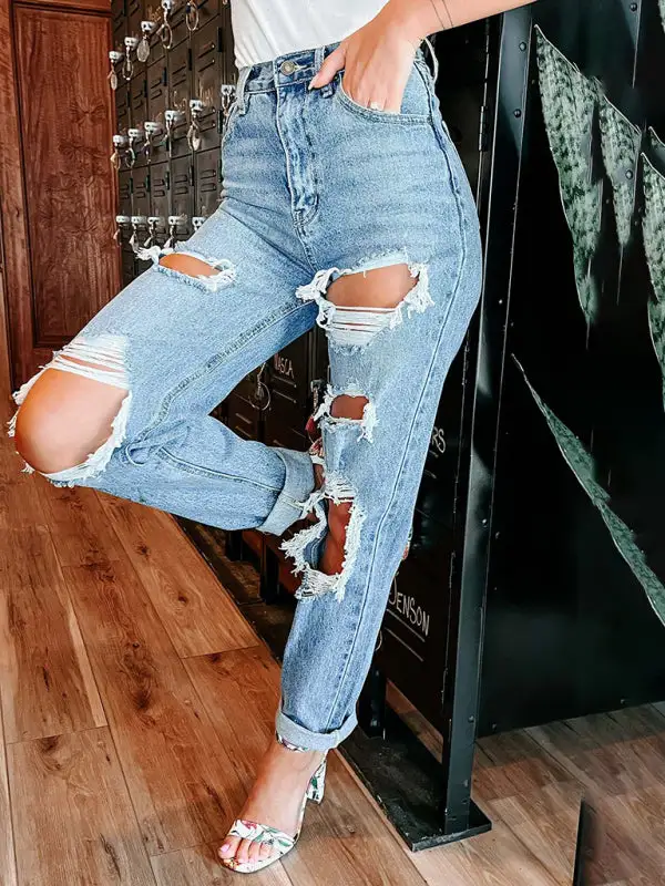 Straight High Waist Slimming Ripped Denim Jeans