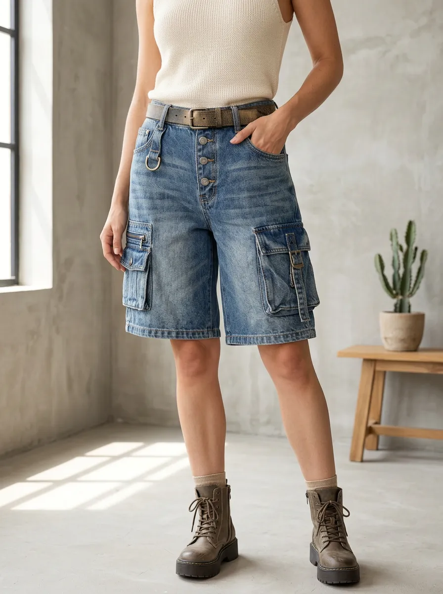 Women's Casual Streetwear Button-Fly Multi-Pocket Denim Cargo Shorts
