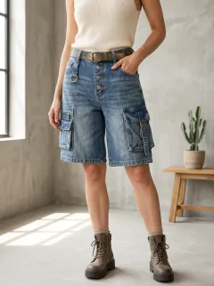 Women's Casual Streetwear Button-Fly Multi-Pocket Denim Cargo Shorts