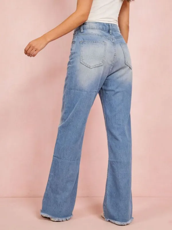 Flare Leg Raw Hem Distressed Denim Jeans