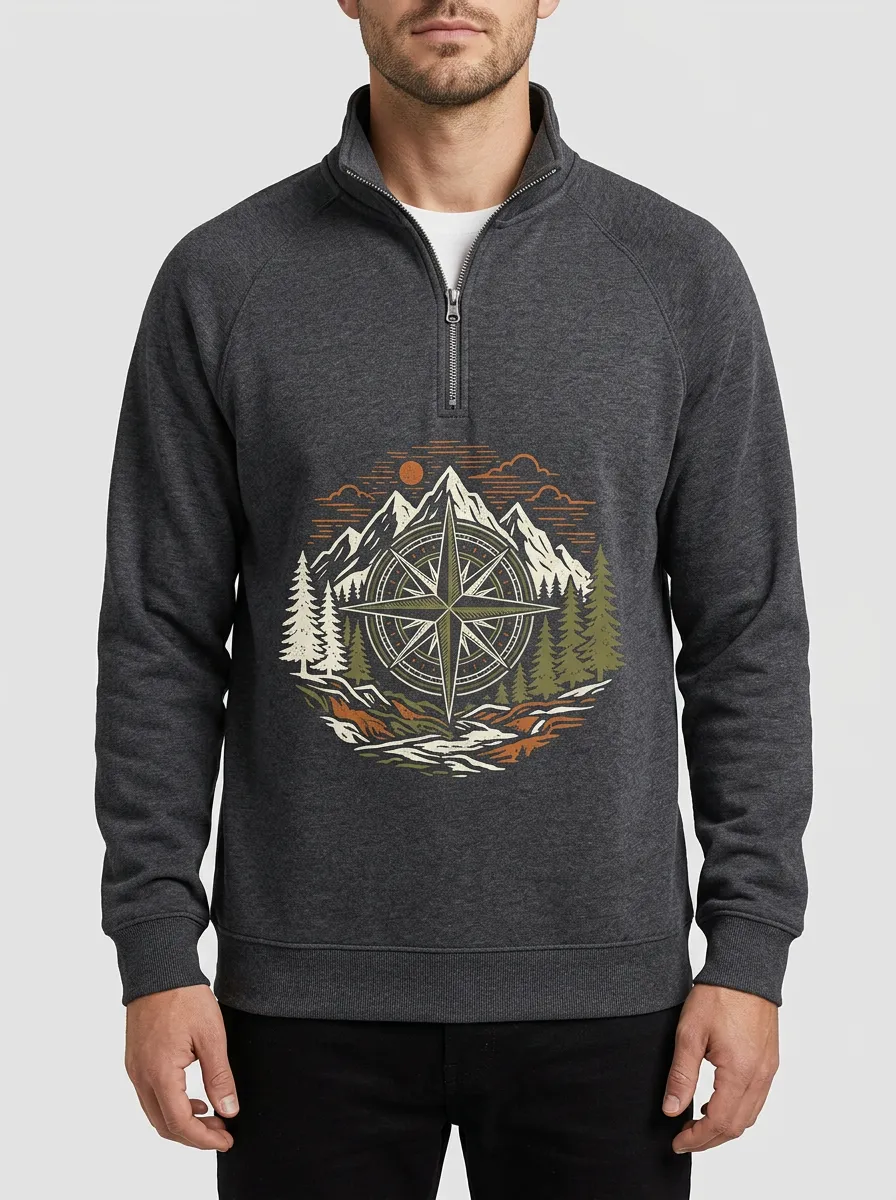 Men's Outdoor Compass Mountain Graphic Zip-Neck Sweatshirt