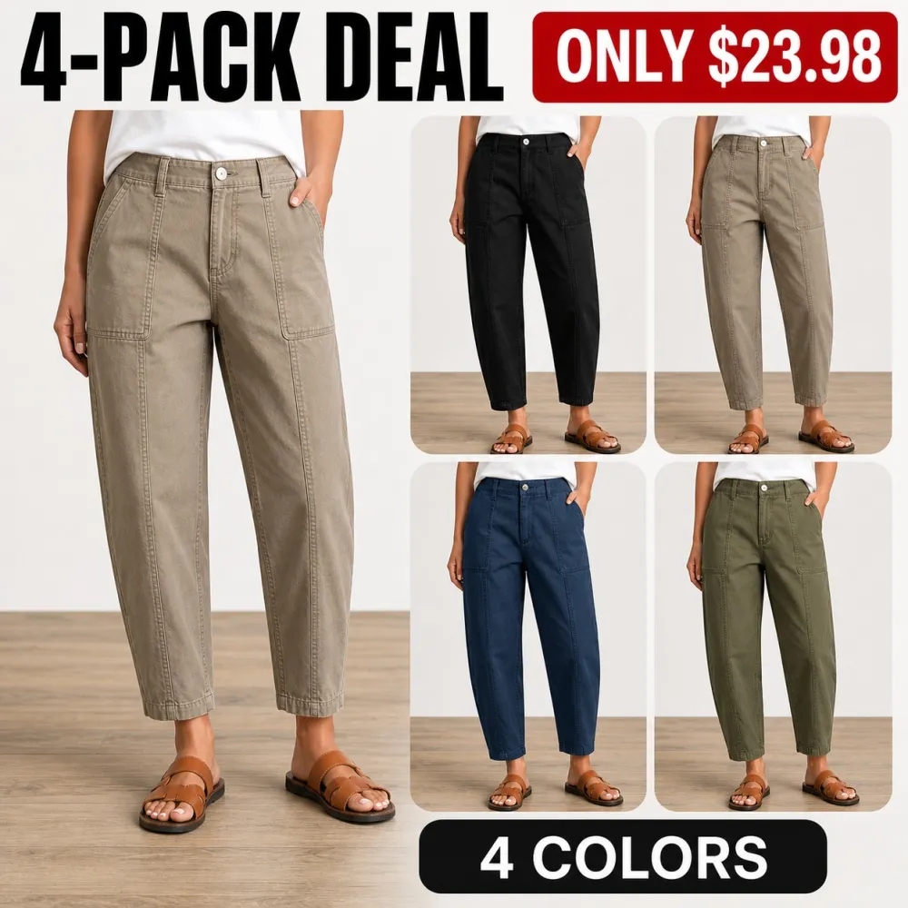 Women's Solid Stitch Detail Mid Waist Barrel Crop Pants