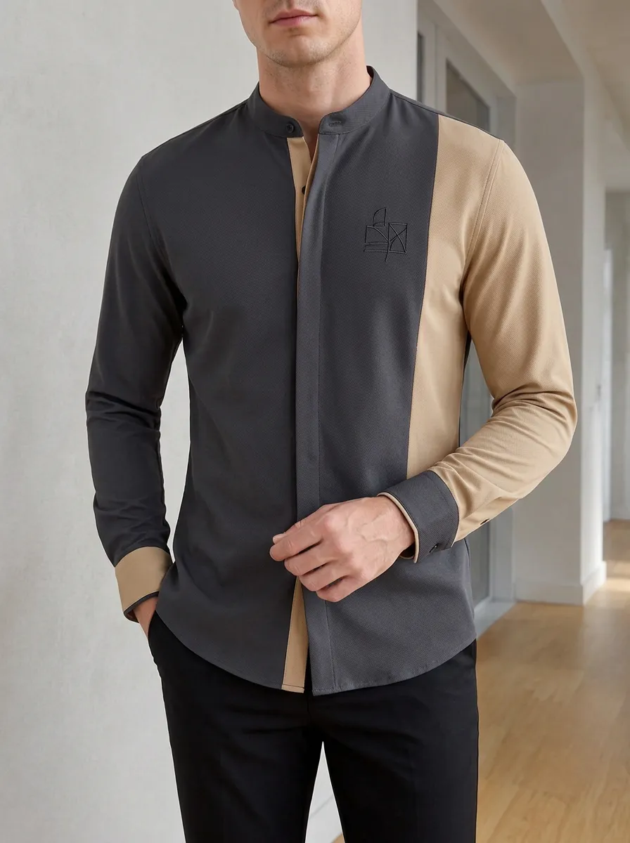 Men's Minimalist Geometric Embroidered Colorblock Slim Fit Shirt