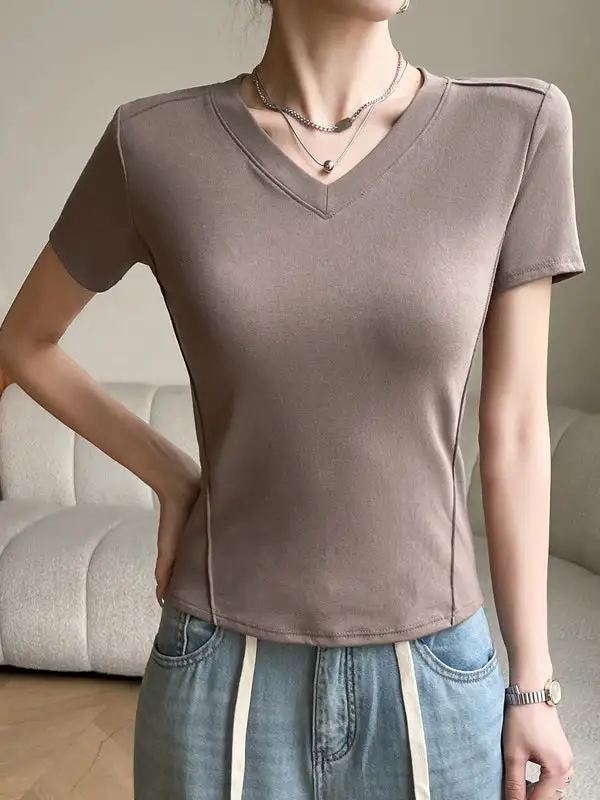 Short Sleeve Slim Fit Panel Detail V-Neck T-Shirt