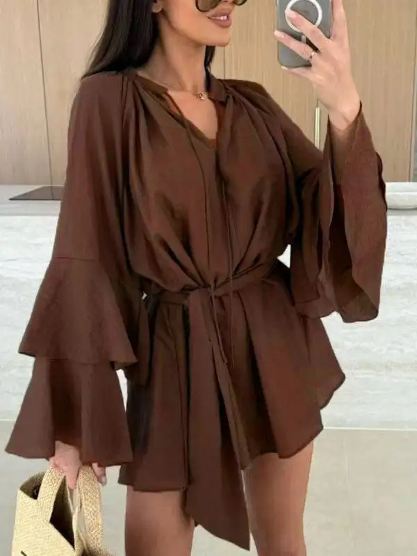 Flared Sleeve Relaxed Lace Up Pleated Solid Color Split Joint Tiered