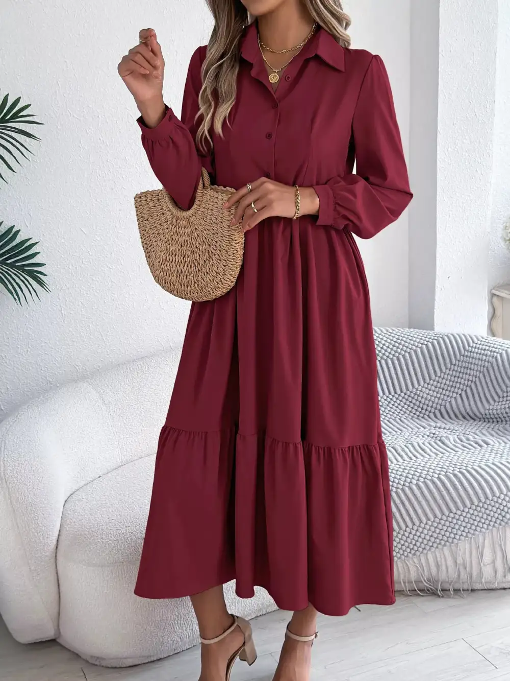 Button Front Tiered Long Sleeve Midi Dress