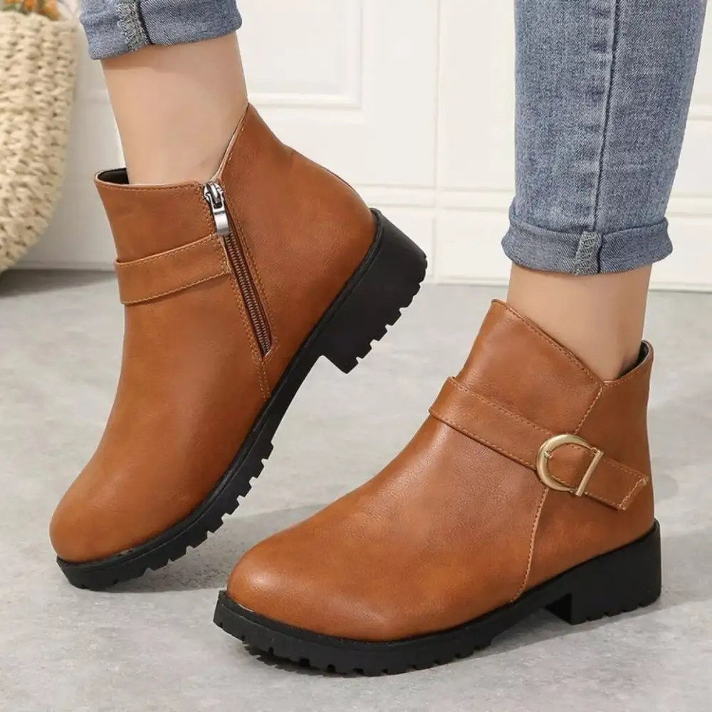 Textured Buckle Accent Ankle Boots