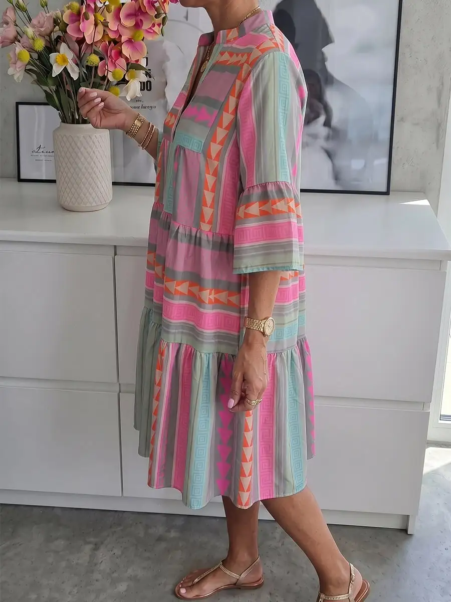 A Line Relaxed Contrast Color Printed Split Joint V Neck Mini