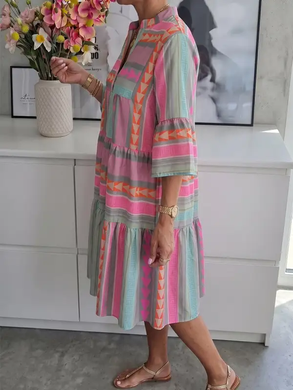 A Line Relaxed Contrast Color Printed Split Joint V Neck Mini