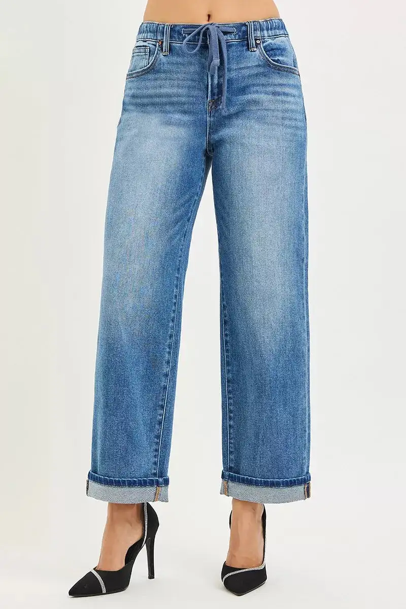 Elastic Waist Cuffed Denim Jeans