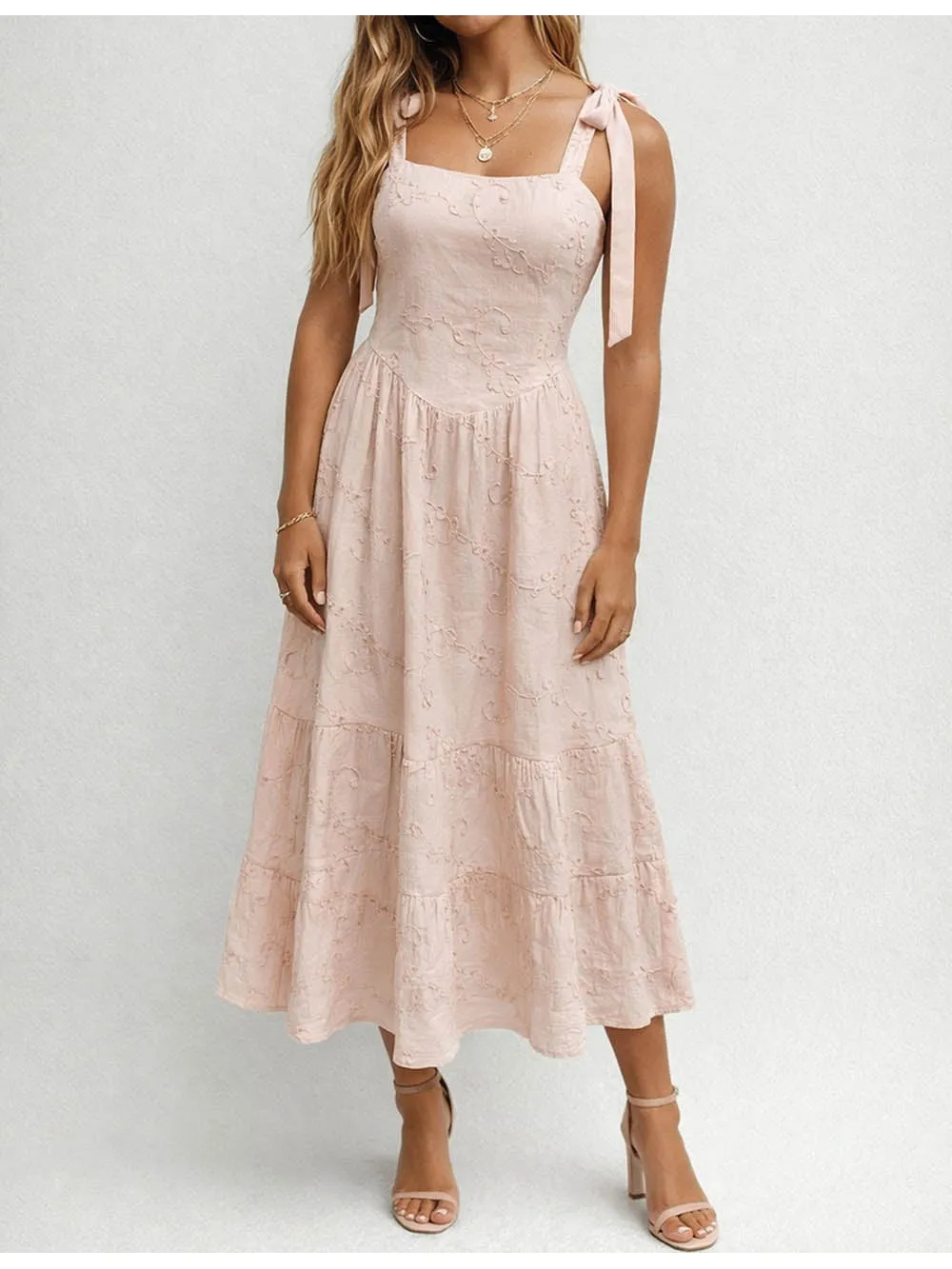 Embroidery Square Neck Shoulder Strap Midi Dress