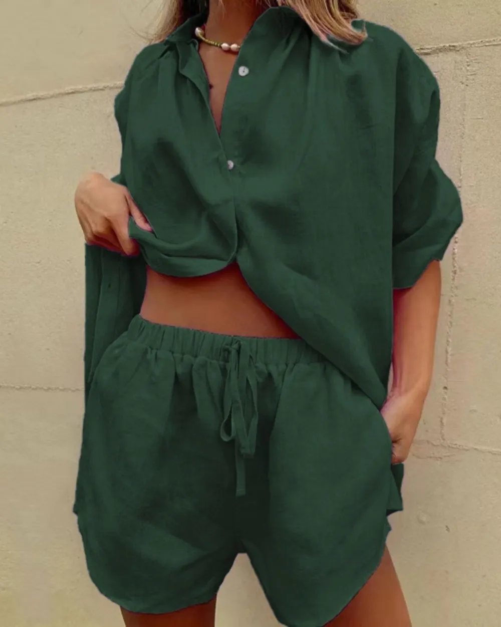 Casual V-Neck Shirt and Shorts Two-Piece Set