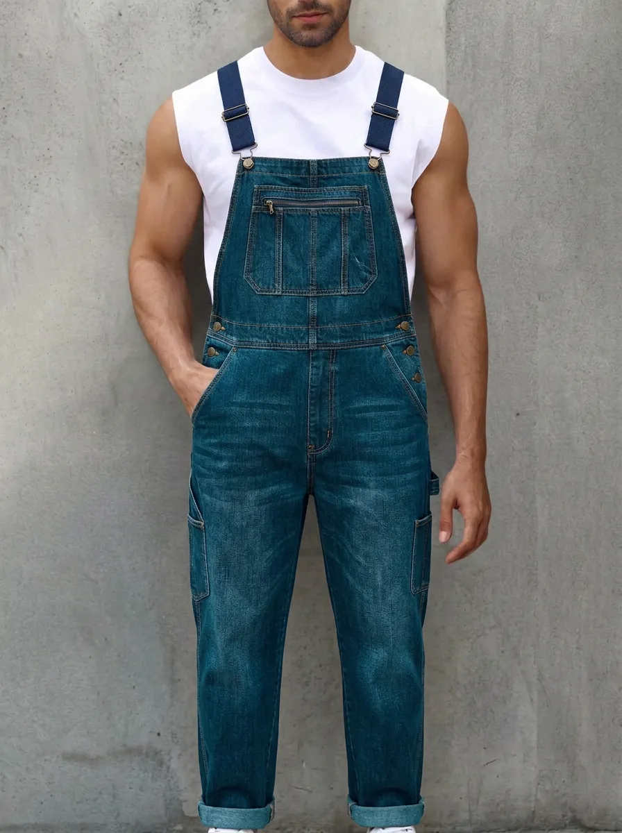 Men's Casual Vintage Denim Washed Bib Overalls