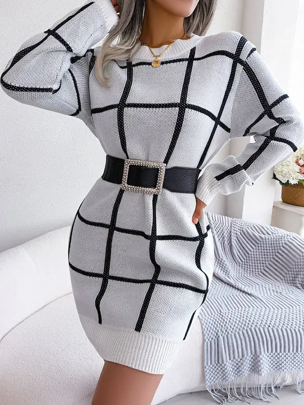 Elasticated Waist Long Sleeve Belted Contrast Color Plaid Round Neck Mini