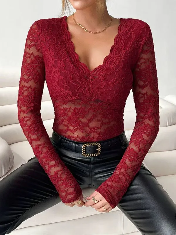 Long Sleeve Slim Fit Sheer Deep V-Neck T-Shirt