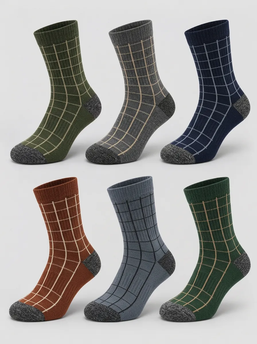 Men's Earth-Tone Grid Ribbed Crew Socks Multi-Pack