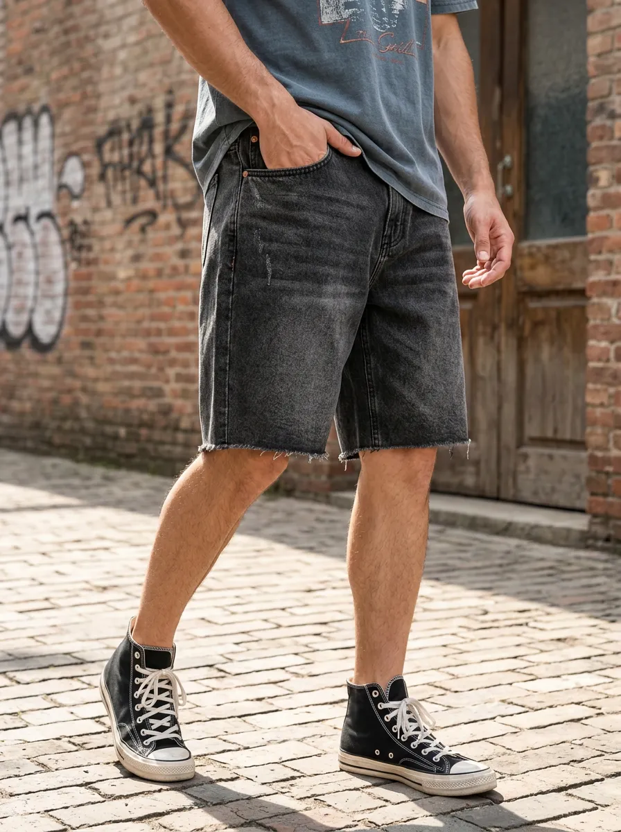 Men's Washed Button Fly Raw Hem Denim Shorts