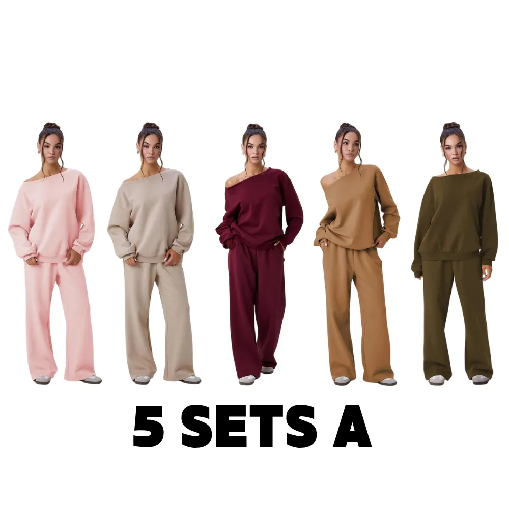 Women's Leisure Solid Color Sloping Shoulder Long Sleeve Top & Wide Leg Trousers