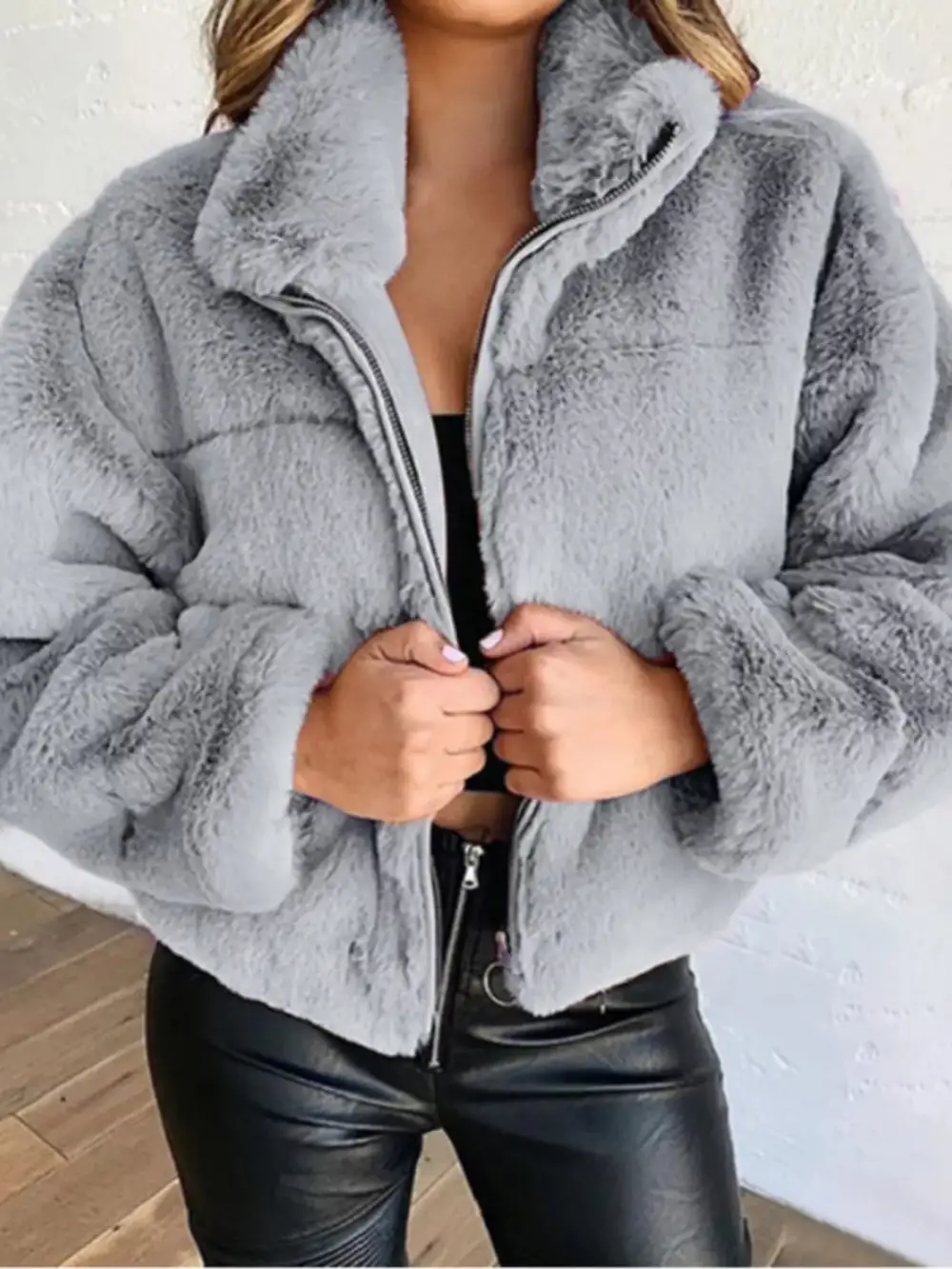 Full Size Faux Fur Cropped Zip-up Jacket Plus Size