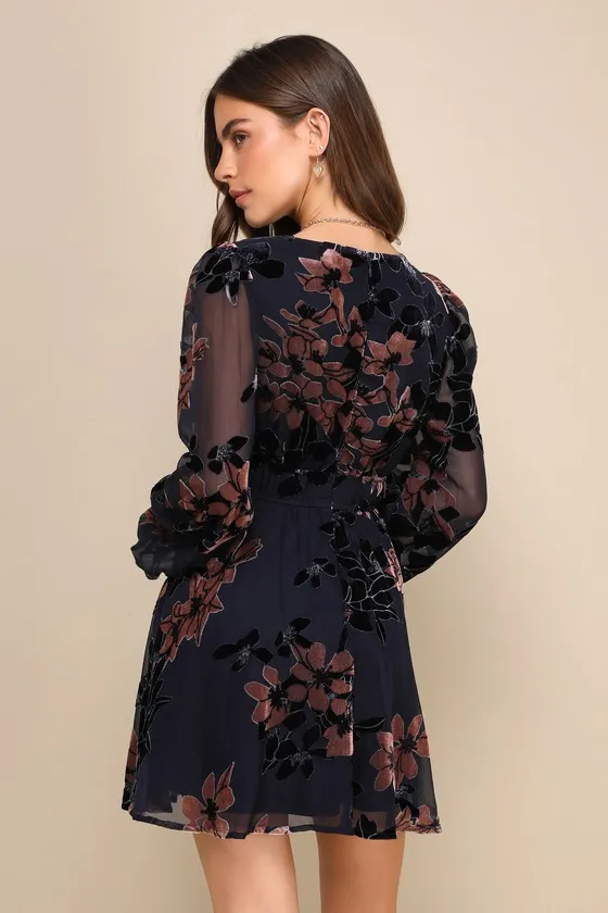 Stunning Feeling Navy Blue Velvet Floral Burnout Mini Dress