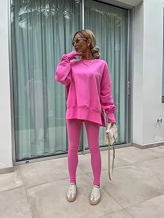 🔥6 PACKS $23.97🔥Women Casual Two Piece Outfits Oversized Pullover Sweatshirts with Thumb Hole Slit Ribbed Pants