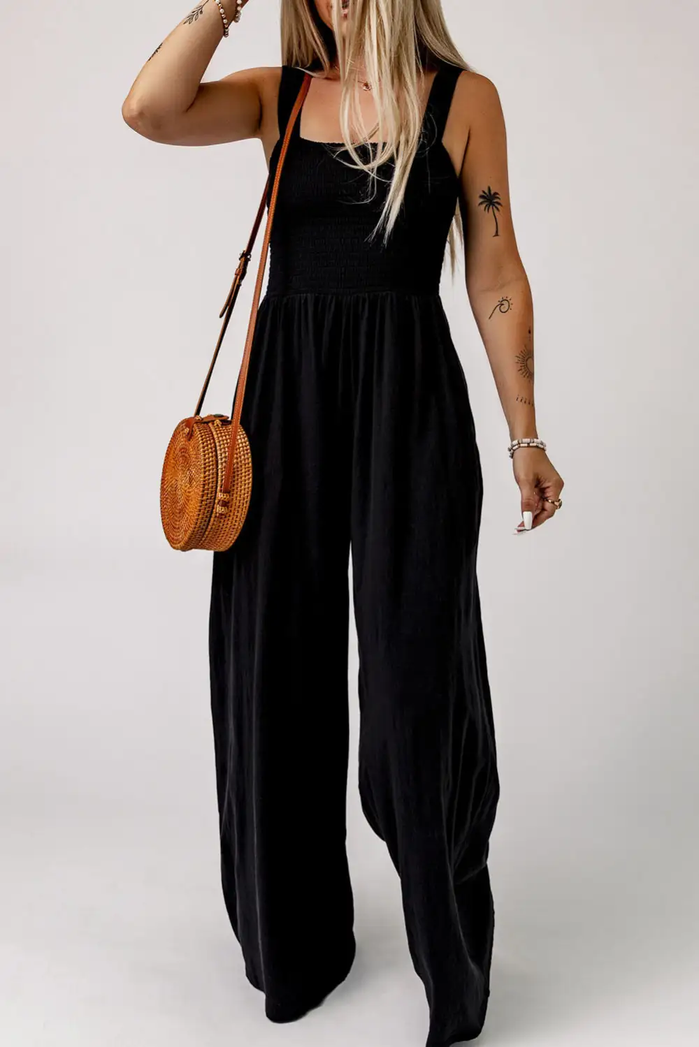 Smocked Square Neck Wide Leg Jumpsuit