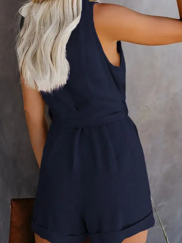 Woven V Neck Button Up Sleeveless Jumpsuit