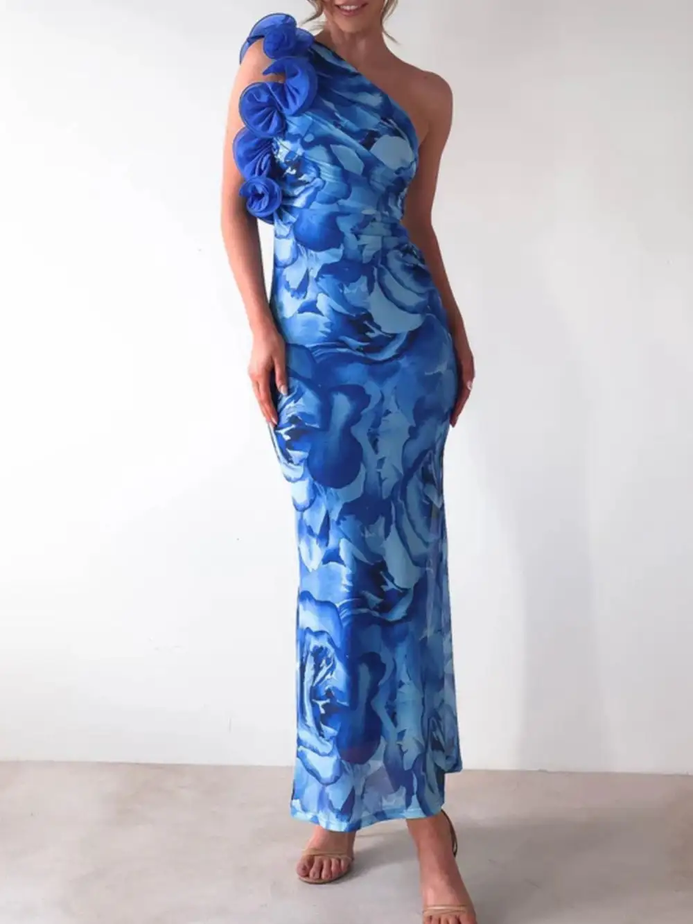 Floral Print One Shoulder Maxi Dress