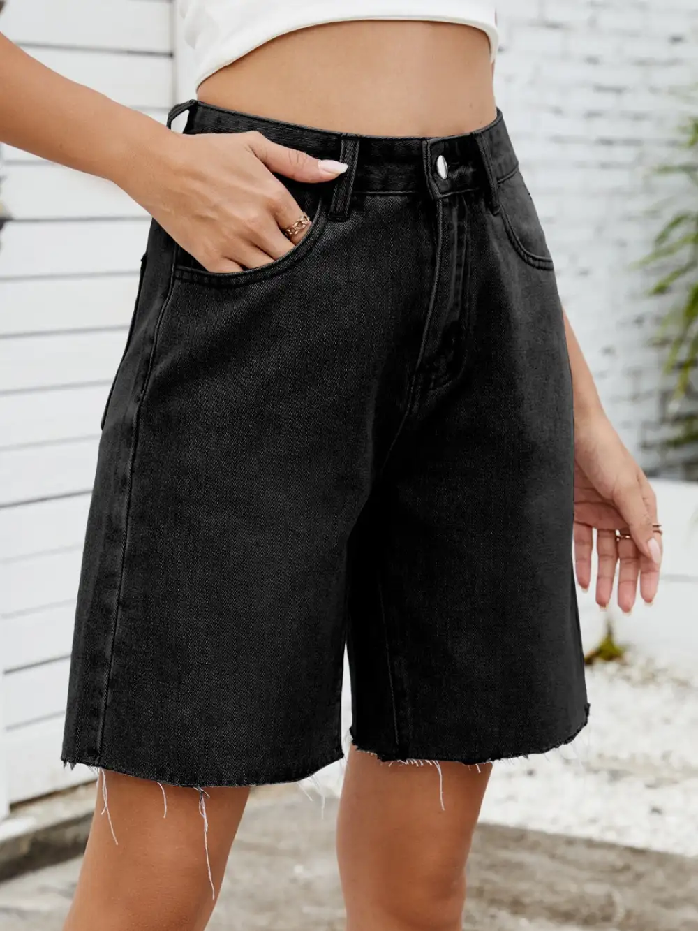 Textured Washed Raw Hem Denim Shorts