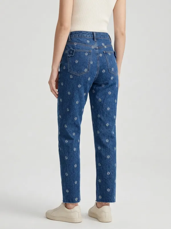 Women's Floral Patterned Denim Printed Jeans