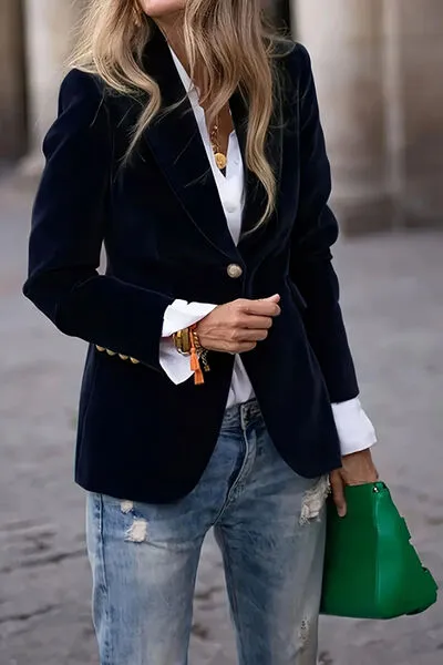 Refined Single-Button Lapel-Collar Long-Sleeve Blazer