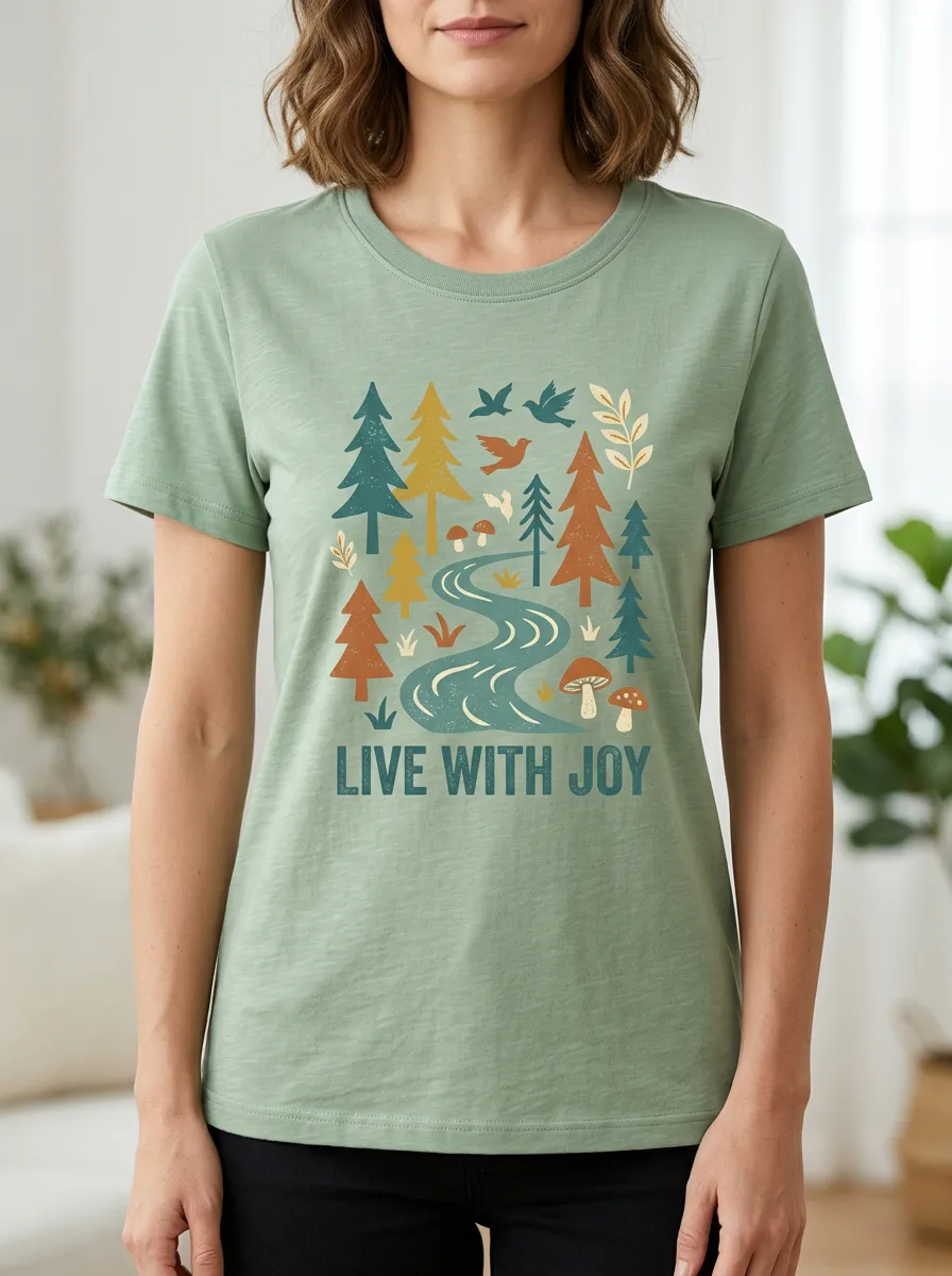 Women's Nature Forest River Mushroom Print Crew Neckline Ribbed Finish T-Shirt