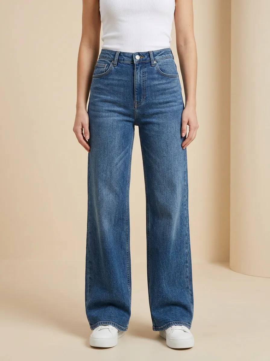 Women's High-Waisted Wide-Leg Denim High-Rise Waist Button Jeans