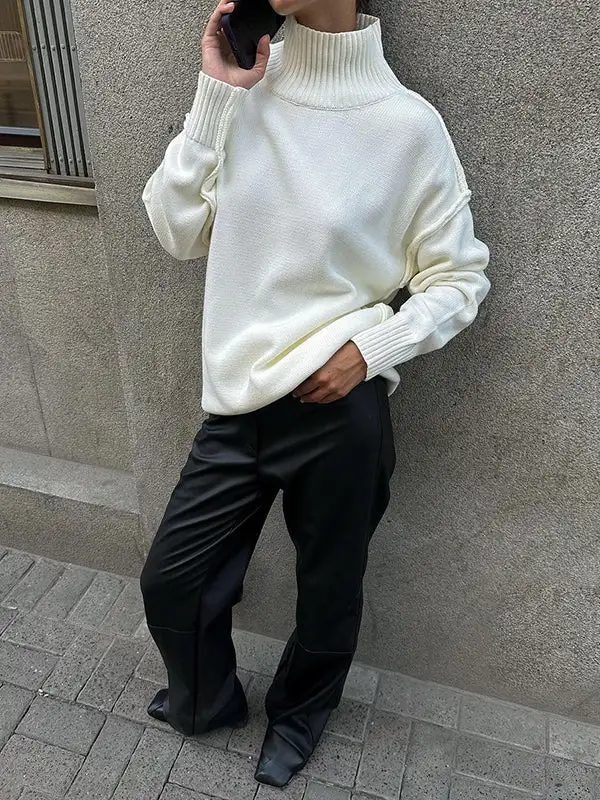 Paneled High Neck Long Sleeve Relaxed Fit Easy Fit Pullover Sweater