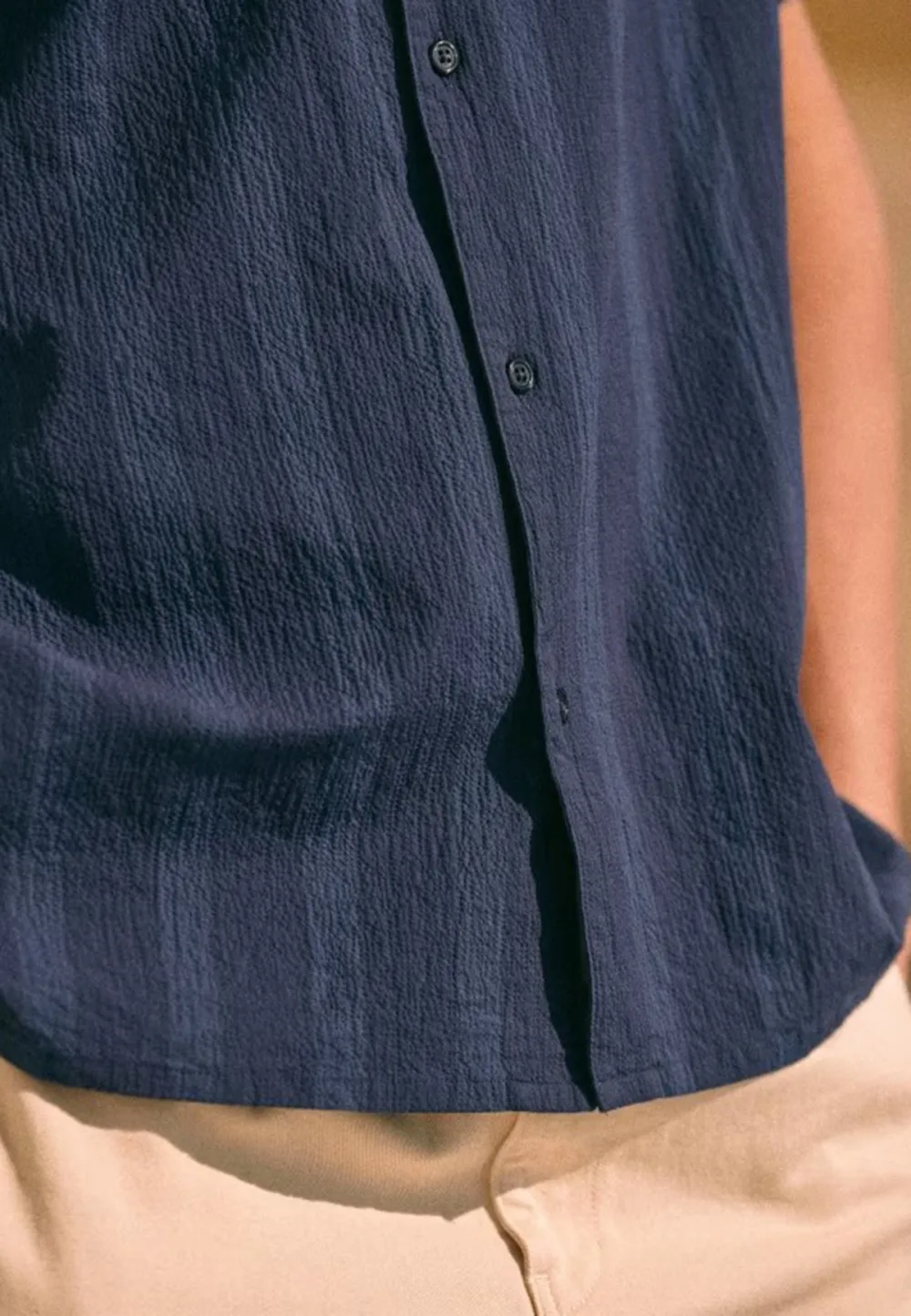 Navy Blue Solid Seersucker Short Sleeve Camp Shirt