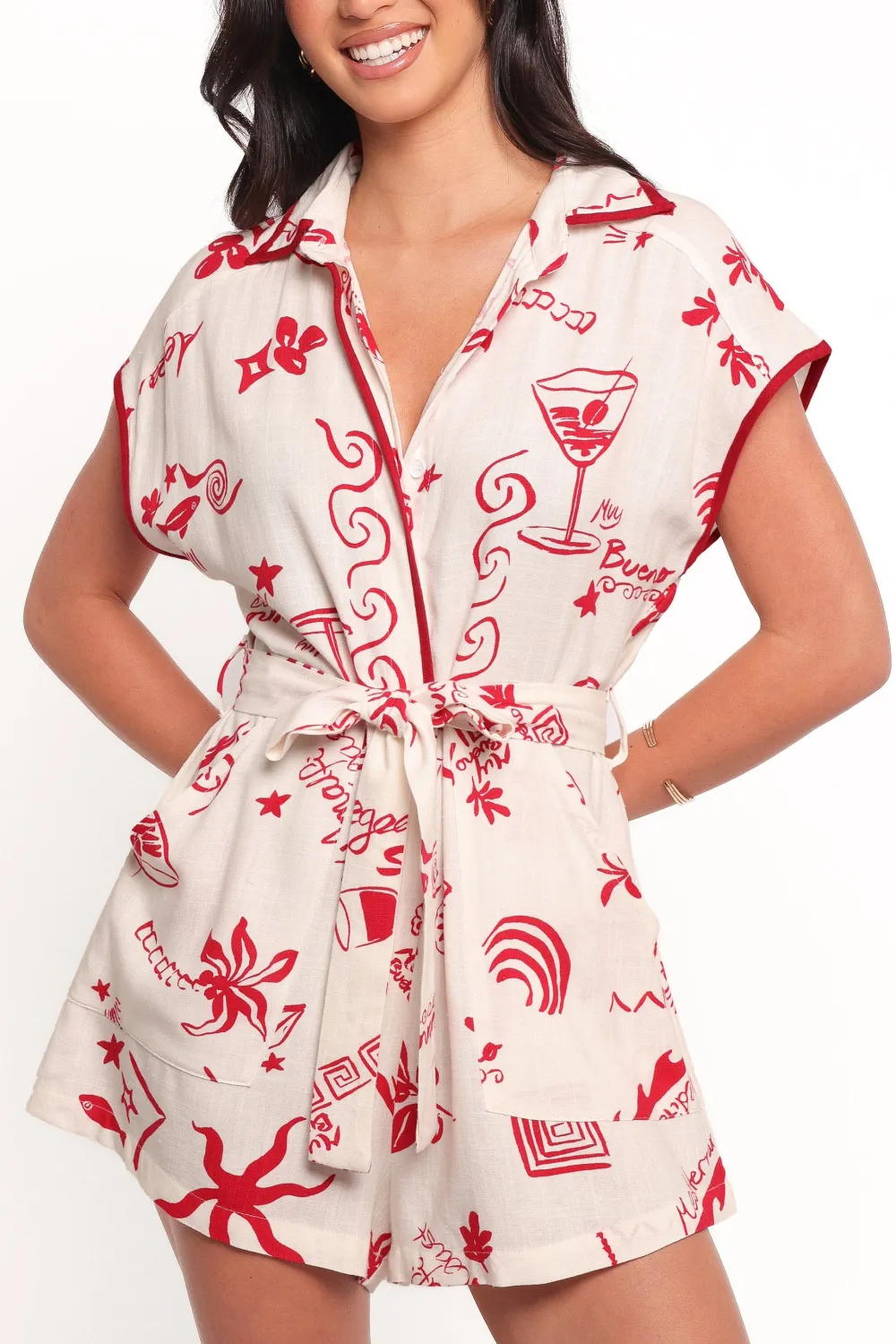 Classic V-Neck Tie-Waist Pocket Short-Sleeve Linen Romper