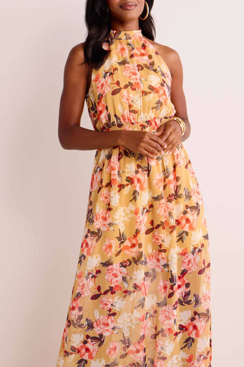 Yellow Floral Print Halter Neck Dress