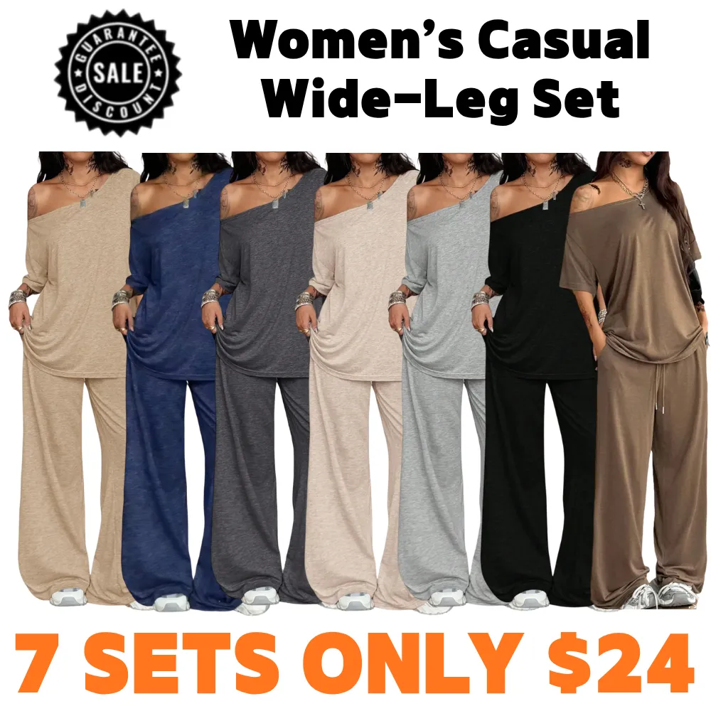 Women’s Casual Two-Piece Set – Wide-Leg Pants & Slant Neck Top
