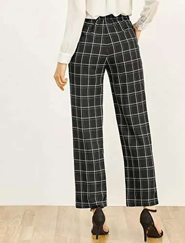 Women's Plaid Pants Elastic Waist Casual Work Office Long Trousers