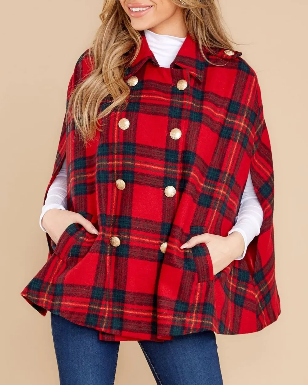 Red Plaid Cloak Coat For Women