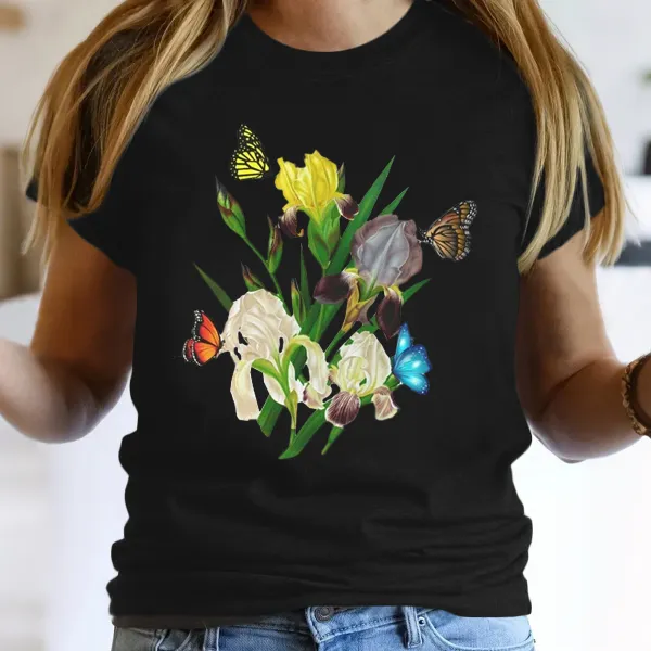 Butterfly And Iris Floral T-Shirts
