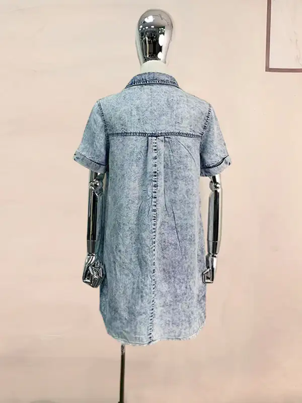 A Line Relaxed Fringed Pleated Pocket Split Joint Lapel Mini Dress
