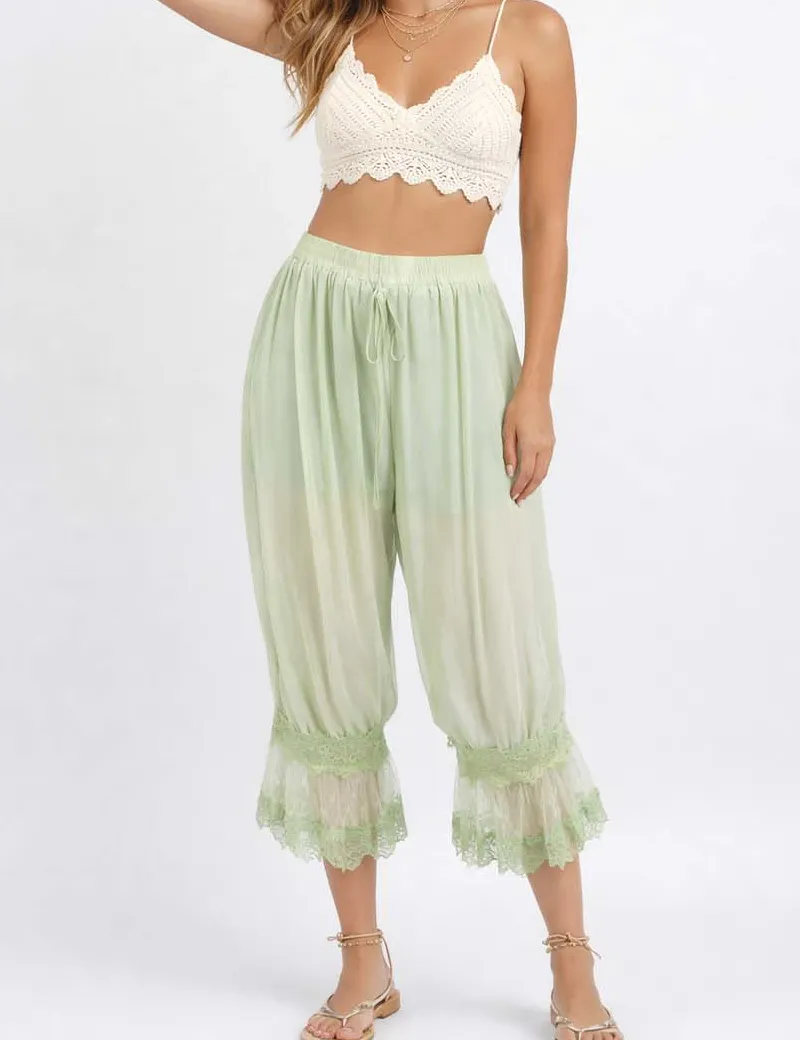 Sheer Lace Trim Bloomer Drawstring Waist Capri Pants