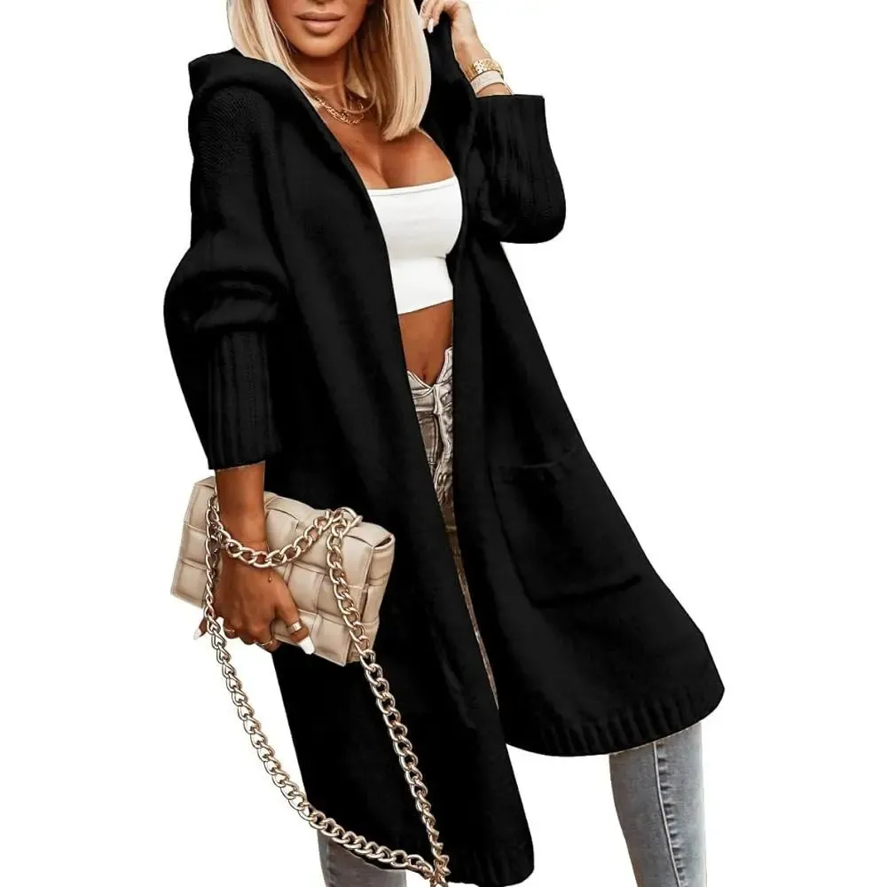 Women's Long Cardigans Cable Knitted Open Front Oversized Hooded Outerwear Sweater Coat