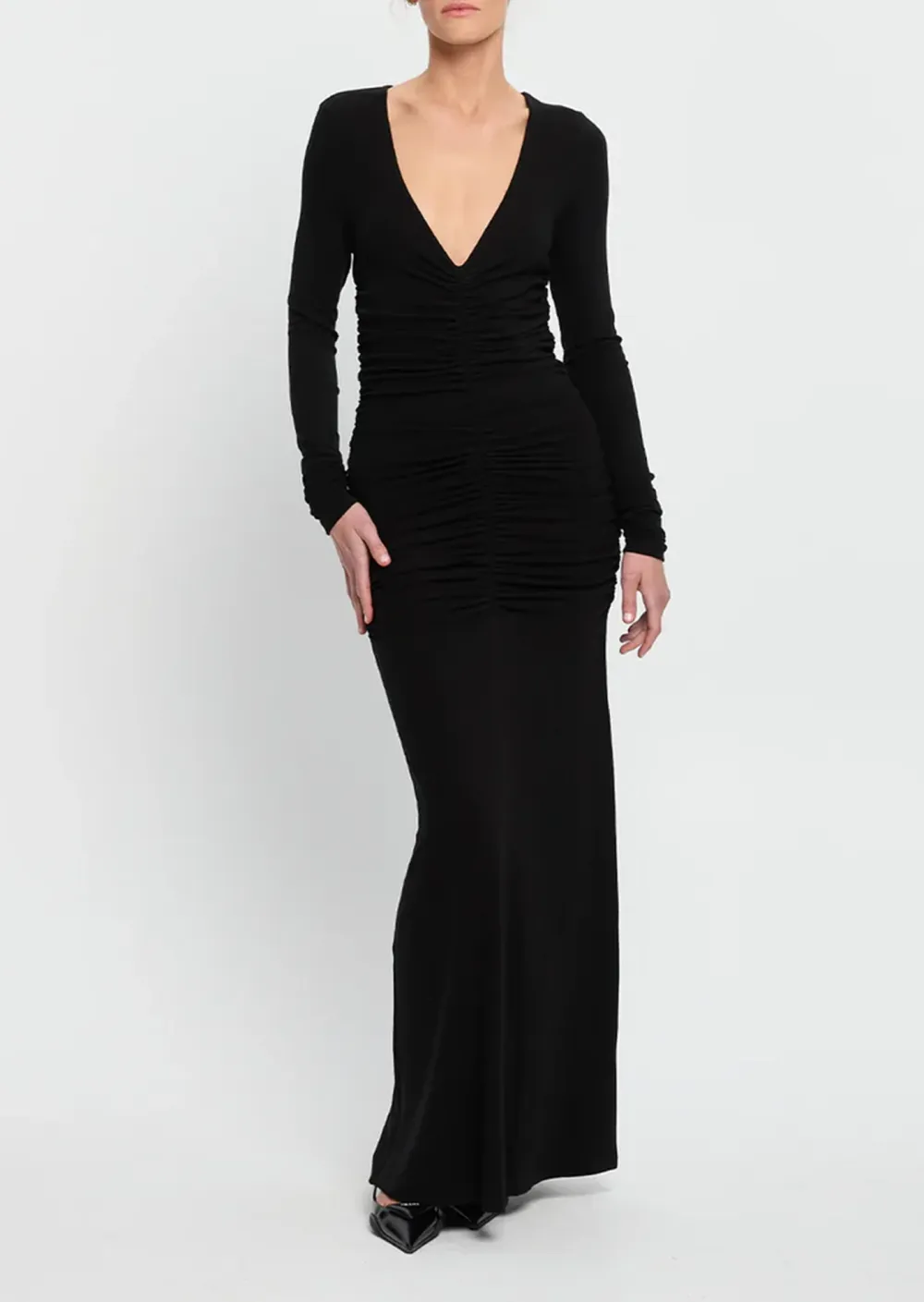 V-NECK LONG SLEEVE MIDI DRESS